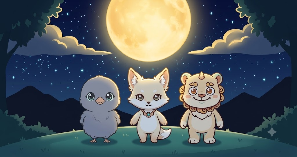 구미호, 까치, 해태 세 신수가 보름달 아래 서 있는 그림